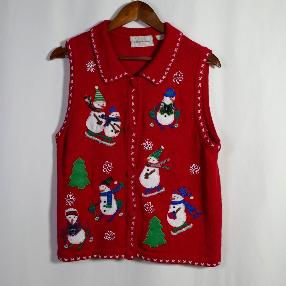 Vintage Lemon Grass Snowmen Ugly Christmas Sweater Vest Size L Beaded Holidays